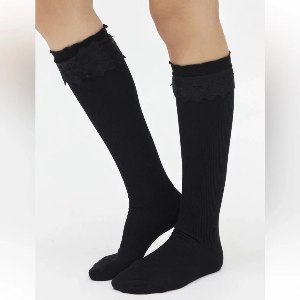 NWT Urban Outfitters Lace Ruffle Black Ribbed Knee High Sock